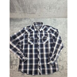BKE Mens Athletic Fit Western Pearl Snap Shirt Blue Plaid Cotton XL Long Sleeve